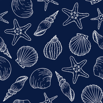 Underwater seamless pattern with seashells line art illustrations in white color on blue background. Scallop sketch, seashell line drawing. Summer ocean beach print for background, textile, fabric