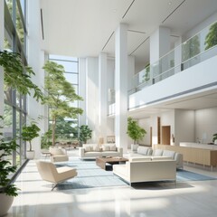 A modern office lobby with a large indoor garden
