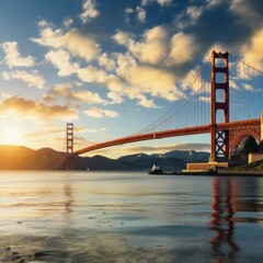 Obraz premium Golden Gate Bridge at sunset with a clear sky and calm water