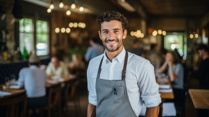 Fototapeta premium waiter in apron standing in restaurant