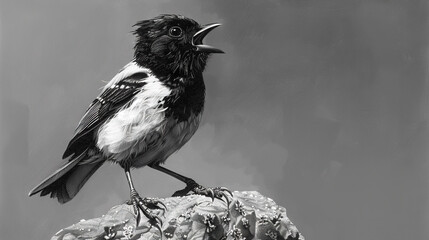 Naklejka premium A monochrome avian perched atop a sheet of paper atop another sheet atop a table