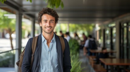 Fototapeta premium Portrait of a smiling young man with a backpack