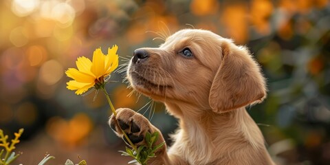 A cute golden retriever puppy sniffing a yellow flower