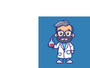 Professor mascot holding chemical liquid bottle