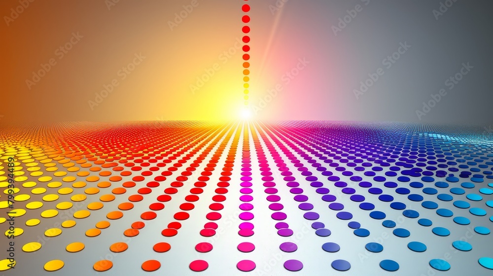Poster a central, brilliant light encircled by an array of multi-colored circles