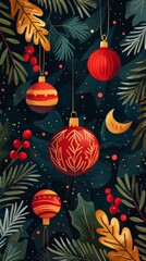 Christmas ornaments hanging from branches with red berries and leaves