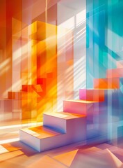 An abstract image of a staircase with colorful glass walls