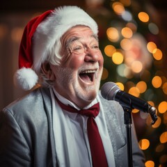 An old man wearing a Santa hat is singing into a microphone