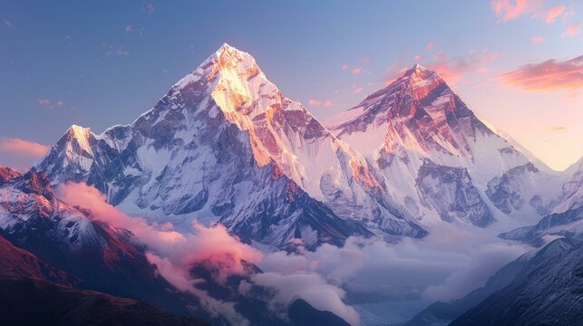 Mount Everest in the Himalayas at sunset