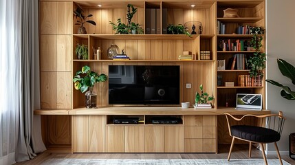A wooden wall unit with a TV, bookshelves, and plants