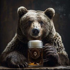 Obraz premium A large brown bear sits at a wooden table enjoying a mug of beer