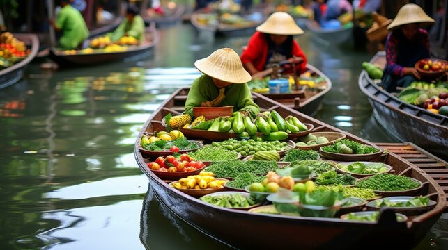A floating market in Thailand with boats full of fresh fruits and vegetables.