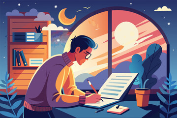 hopeful illustration of a person making resolutions on a piece of paper with a sunrise peeking through the window.