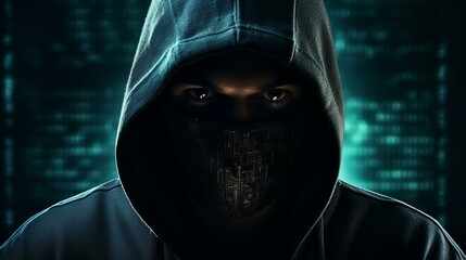 Black hoodie man wearing a mask with glowing green eyes in front of a binary code background - obrazy, fototapety, plakaty