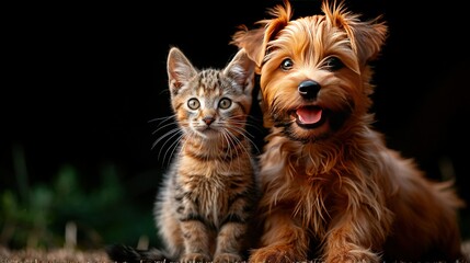   A cat and dog stare at the camera in surprise, standing against a dark backdrop