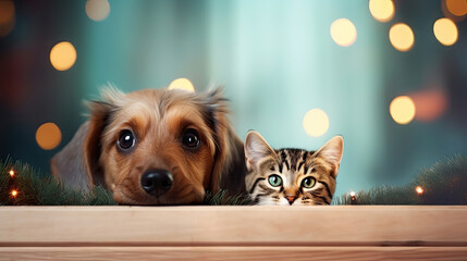 A cat and a dog peeking out from behind a wooden board. Cute puppy and kitten with a defocused background, cozy atmosphere. Promotional banner for animal shelter, pet shop or vet clinic.