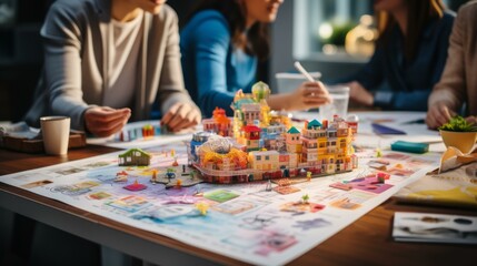 Fototapeta premium A group of people playing a collaborative city-building game