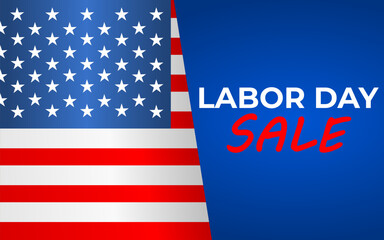 Labor Day Sale with American flag-horizontal banner on blue background. Happy Labor Day. Sale , promotion, advertising illustration.