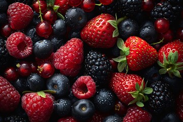 A colorful assortment of fresh berries, including strawberries, raspberries, blackberries, and blueberries, with water droplets.