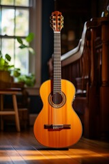 Fototapeta premium A classical guitar sits on a wooden floor in a home.