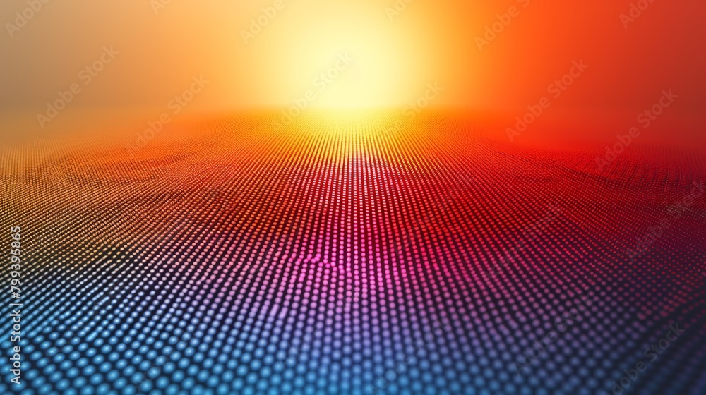 Poster a sun setting in the sky with a grid-patterned foreground and a blurred background