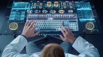 CuttingEdge Medical Researcher Compiling Data on Transparent Keyboard with Virtual Interface and Digital Records Futuristic Technology in Healthcare