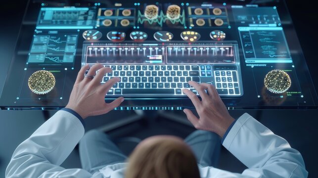 CuttingEdge Medical Researcher Compiling Data on Transparent Keyboard with Virtual Interface and Digital Records Futuristic Technology in Healthcare - Powered by Adobe