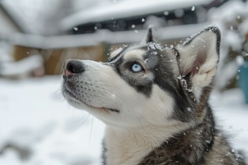 Naklejka premium A Husky looking up at the snow falling
