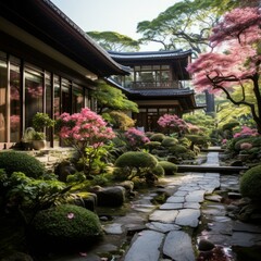 Japanese Garden with Traditional House and Stone Path