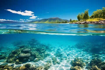 Half Underwater Split View of Tropical Beach and Coral Reef with Fish