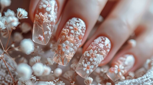 Close-up of a hand with a flower design on the nails