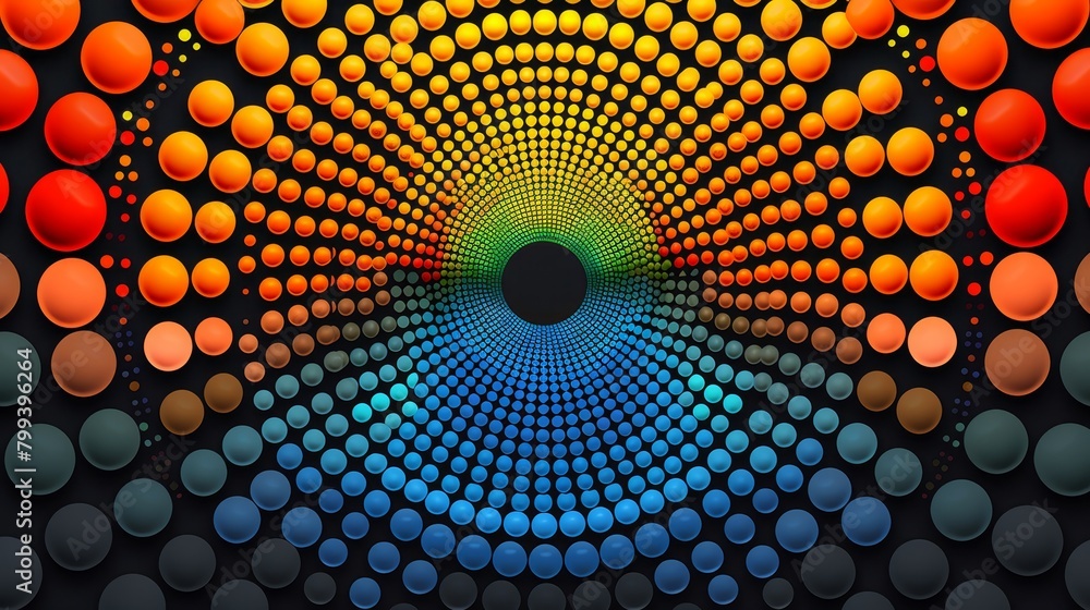 Poster a multicolored image of circles against a black backdrop features a single black circle containing o