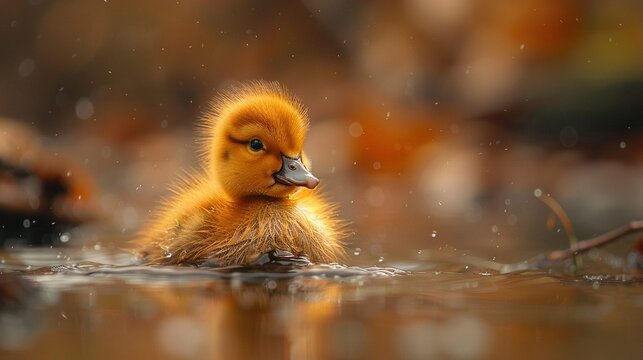   Close-up of a duckling in water with droplets on its surface
