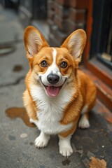 Obraz premium A happy corgi dog sits on the wet ground outside a building
