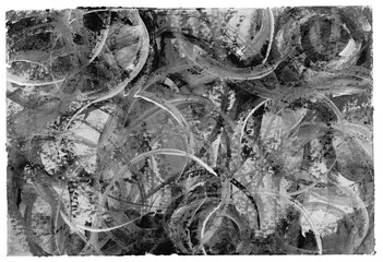 Art acrylic and pastel smear circle blot painting. Abstract texture color stain grunge black and white background.