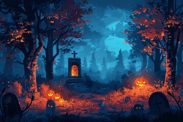 Graveyard in the middle of a spooky forest with gravestones and pumpkins