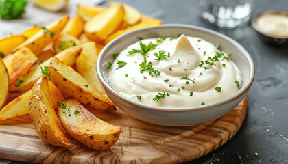 Bowl of mayonnaise with a potato wedge on a wooden board - obrazy, fototapety, plakaty