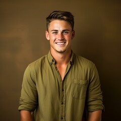 Obraz premium Portrait of a smiling young man with short brown hair and blue eyes wearing an olive green shirt