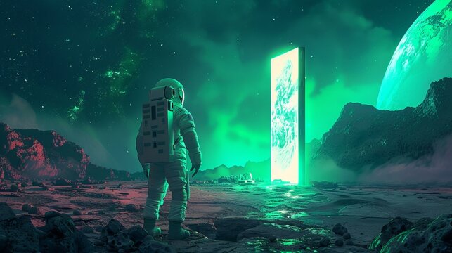 Astronaut in front of a portal on a distant planet