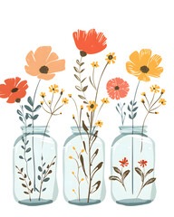 Three flowerfilled mason jars on a white background - obrazy, fototapety, plakaty