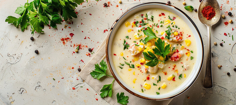 Bowl of corn soup with crab meat