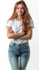 Redhead woman in white shirt and blue jeans