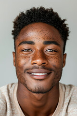 Confident African man exudes wellbeing, laughing in a positive, isolated portrait.