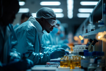 An African scientist conducts disease research in a modern laboratory, analyzing liquid samples.