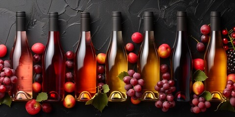 A tasteful composition of various liquor bottles amidst grapes and fruits, reflecting the diversity of viticulture.