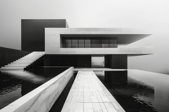 Black and white modern villa with pool