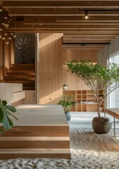 Fototapeta na wymiar Japanese style room with wooden furniture and natural elements
