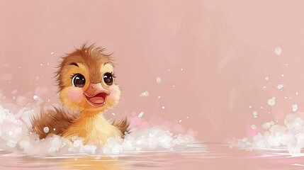   A digital painting of a baby duckling in a pool of water with pink bubbles on its sides