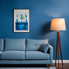  a living room with a blue wall and a couch and a lamp.
