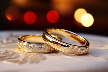 Two gold wedding rings on a white cloth with a blurred background of red and yellow lights